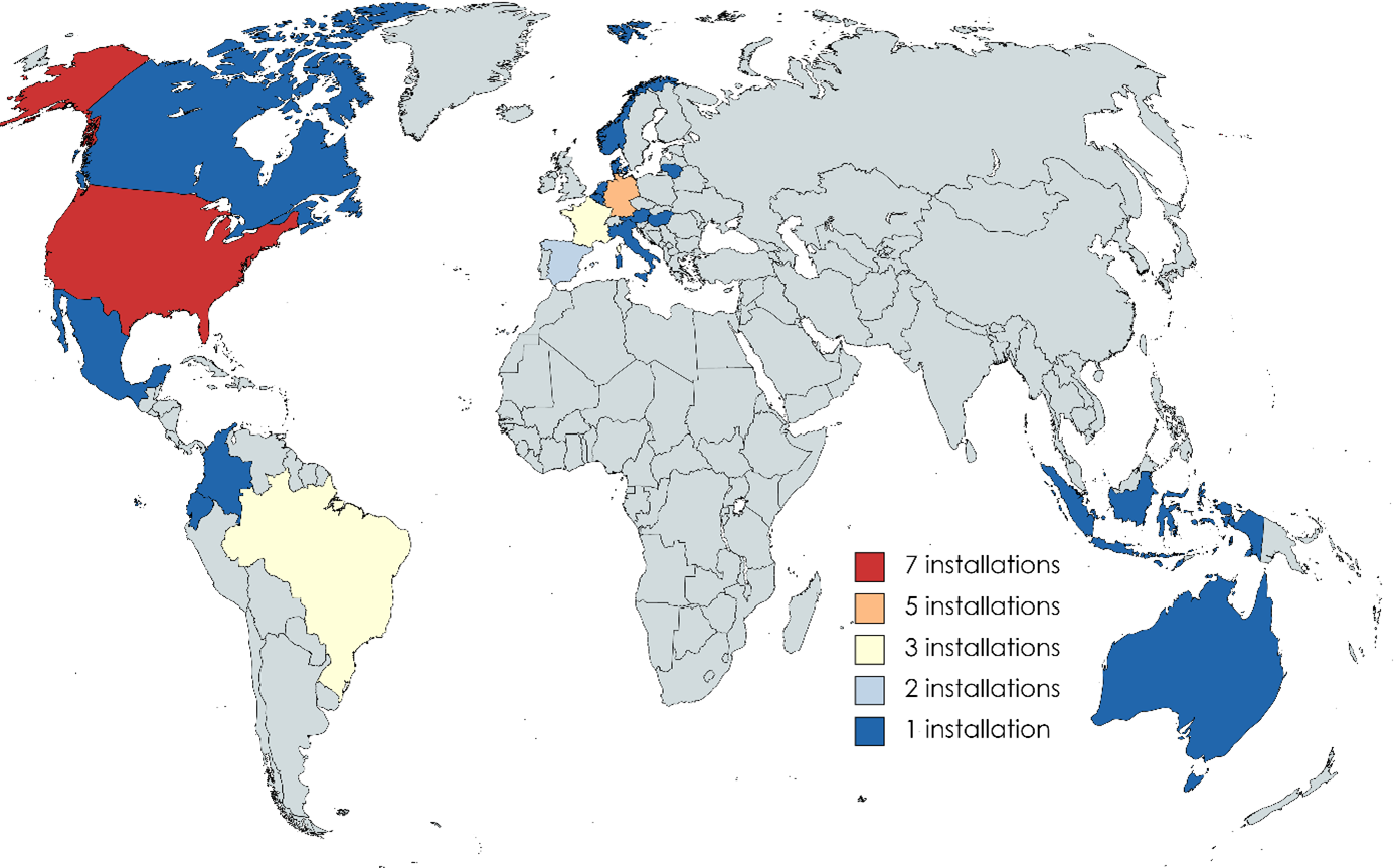 World map indicating the countries of Dataverse installations participating in the survey. The different colours indicate the numbers of Dataverse installations represented in the survey. The map was created with mapchart.net and is licensed under a Creative Commons Attribution-ShareAlike 4.0 International License.