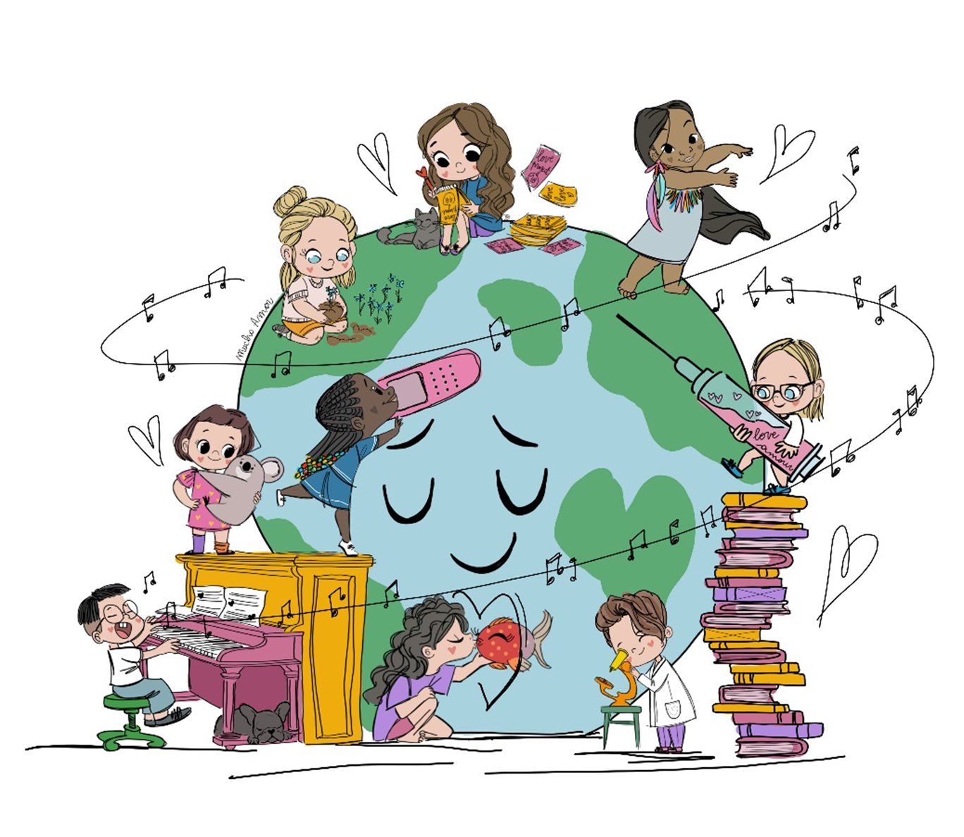 "Amiamoci" (Let's love each other) by Valentina Russo, depicting a cartoon globe with children engaged in various cultural and scientific activities.