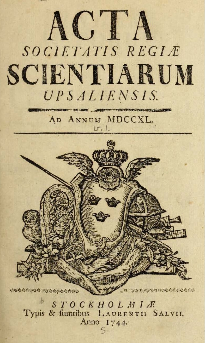 Title page of the Acta Societatis Regiæ Scientiarum Upsaliensis Ad Annum MDCCXL.