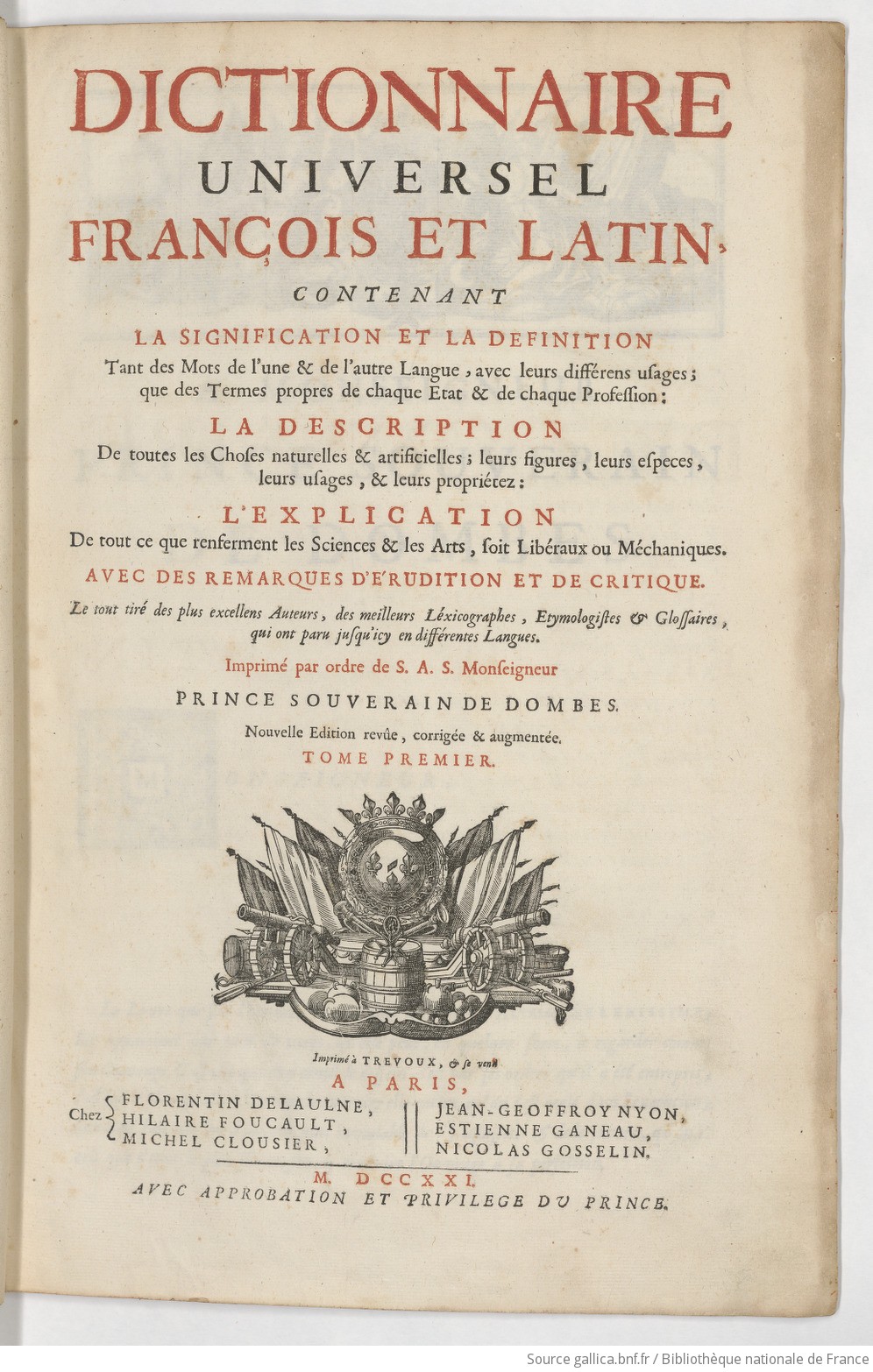 Title page of a French dictionary from 1721.