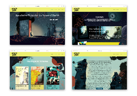 A collage of website pages using colourful and fantastical illustrations to frame and provide background to a series of anthologies of speculative fiction stories about the future of health.