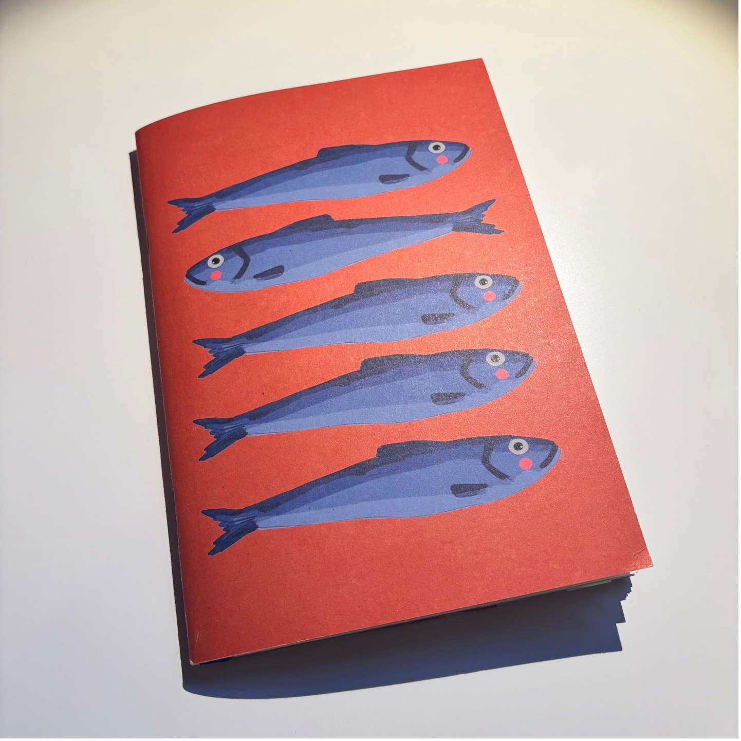 The front cover of an A5-sized notebook. On a red background five blue fish are positioned in a row from top to bottom looking towards the right side, except the second fish which is looking the opposite way. 