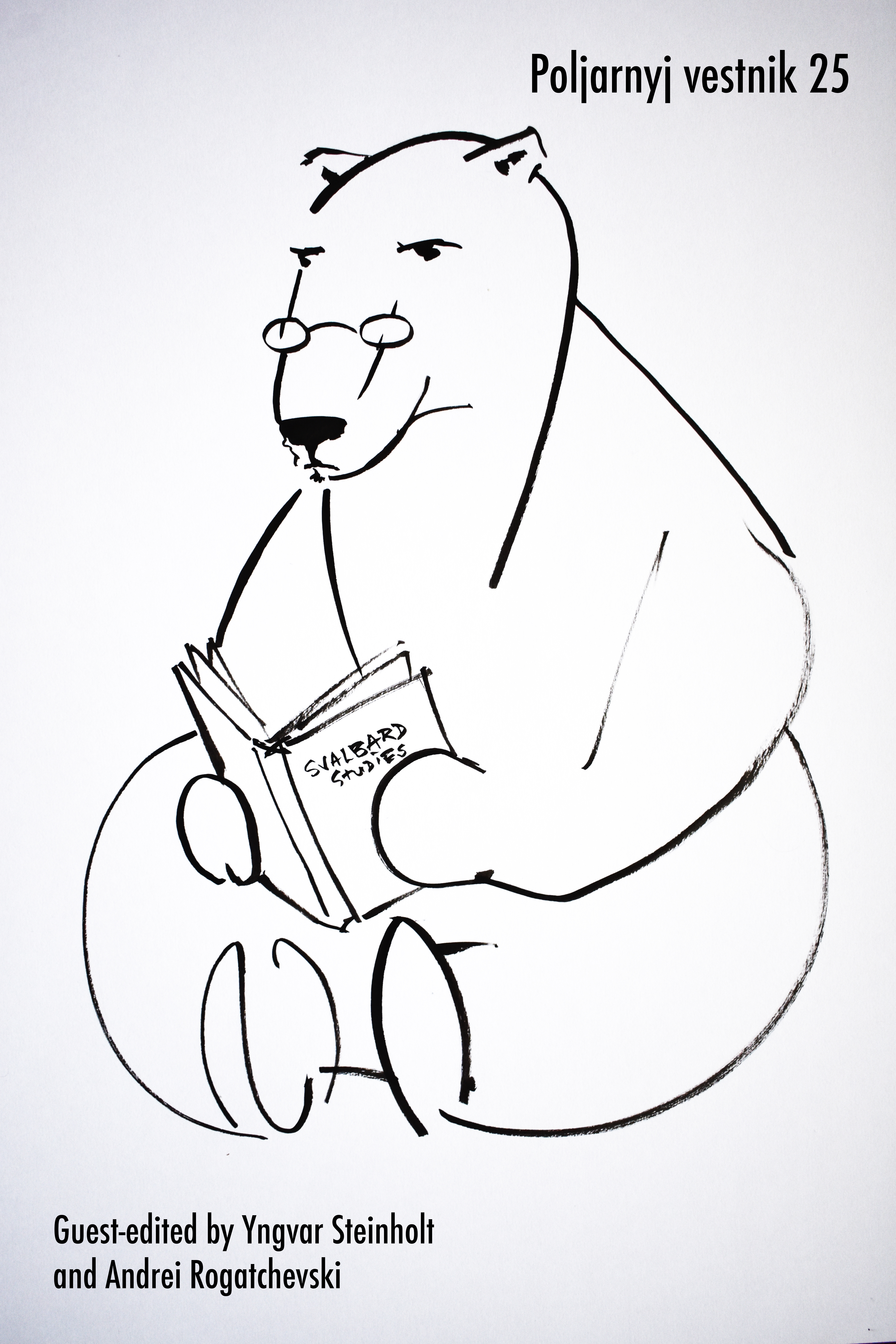 Polar bear reading a book about Svalbard studies