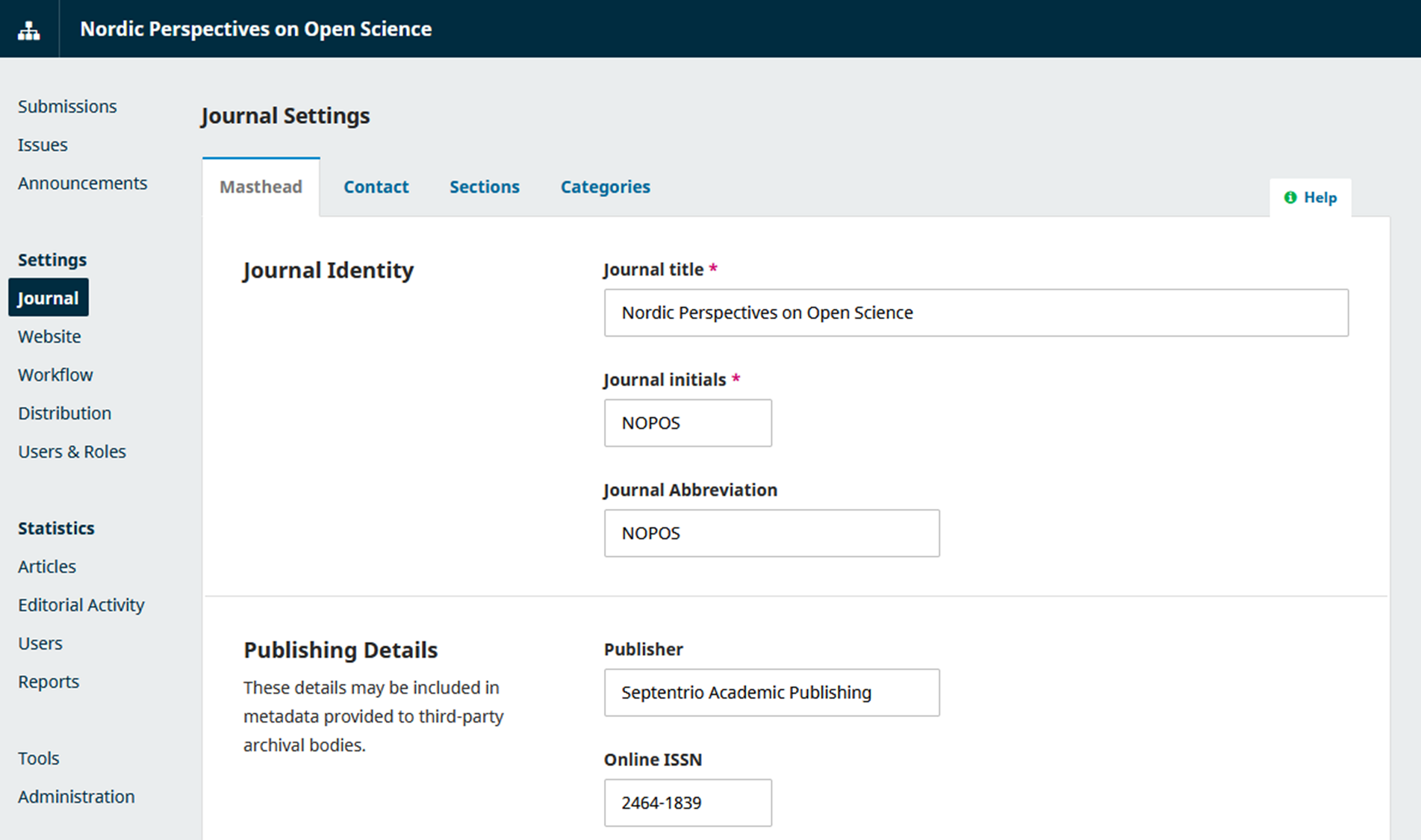 Screenshot showing journal settings in the OJS editorial interface.